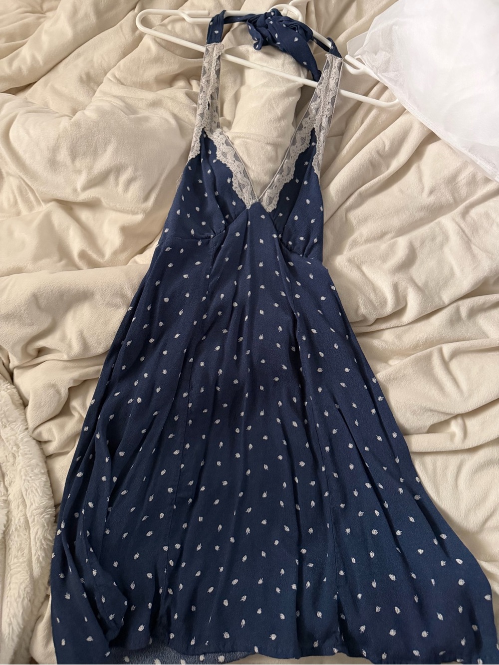 wild fable Navy Blue Polka Dot Mini Dress with Lace Trim